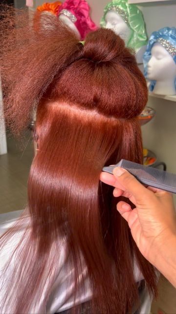 Copper Hair Silk Press, Burgundy Ginger Hair, Copper Silk Press Natural Hair, Dark Ginger Natural Hair, Copper And Ginger Hair, Silk Press Dyed Hair, Hair Color Wax On Natural Hair, Fall Dyed Hair, Cinnamon Ginger Hair