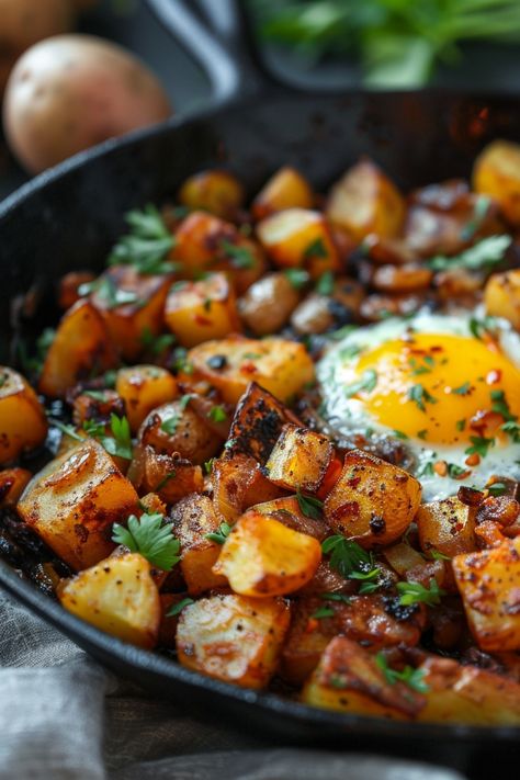 Skillet with roasted potatoes and a fried egg, garnished with herbs. First Watch Breakfast Potatoes, Hashbrown Skillet Recipes, Fried Breakfast Potatoes Skillet, Country Breakfast Ideas, Country Potatoes Breakfast, Breakfast Potatoes And Eggs, Breakfast Skillet Potatoes, Country Skillet Breakfast, Breakfast Hash Skillet