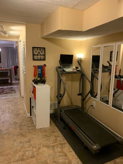 Treadmill Corner At Home, Basement Treadmill Area, Walk In Closet Workout Room, Bedroom With Workout Area, Treadmill Decorating Ideas, Hide Treadmill In Living Room, Treadmill Room Ideas, Small Workout Space At Home, Treadmill In Bedroom Ideas