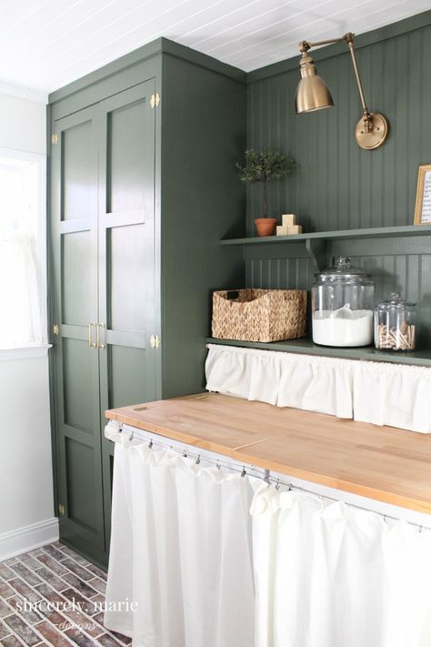 Welcome Home Sunday- The First Edition » The Tattered Pew Powder Room Renovation, Laundry Room Update, Home Paint Color, Green Laundry, Basement Laundry Room, Vintage Industrial Lighting, Warm Interior, Green Paint Colors, Laundry Room Storage