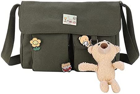 Canvas Crossbody Bag with Kawaii Pins and Pendent for Women Girls Casual Shoulder Messenger Bag Students Schoolbag: Handbags: Amazon.com Green Messenger Bag, Kawaii Pins, Kawaii Accessories, Bear Pendant, Canvas Crossbody Bag, White Bear, Shoulder Messenger Bag, Canvas Shoulder Bag, Casual Girl