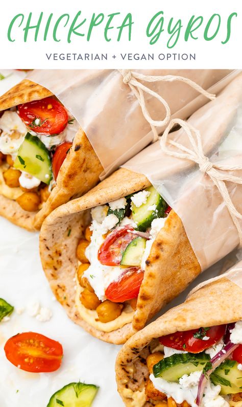 These chickpea gyros are an unbelievably good vegetarian version of the Mediterranean classic. Spiced chickpeas stuffed in soft pita with a delicious tzatziki sauce, fresh tomato, & cucumbers. Made in about 30 min. Vegan option. #gyro #vegetarian #greek Gyro Vegetarian, Chickpea Gyros, Spiced Chickpeas, Tzatziki Sauce, Vegan Alternatives, Vegan Options, Fresh Veggies, Good Healthy Recipes, Healthy Foods To Eat