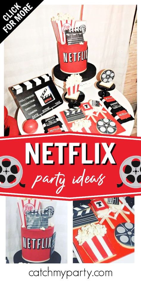 Netflix Decorations Party, Netflix Party Theme, Netflix And Chill Party Theme, Netflix Theme Party Decorations, Netflix Party Decorations, Netflix Birthday Party Ideas, Netflix Themed Party, Netflix Theme, Netflix Party