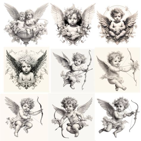 Baby Cherub Tattoo Design, Cherub Tattoo Designs For Women, Cherubim Art, Cheribum Angels Tattoos, Two Cherubs Tattoo, Cherub Aesthetic, Cherubs Tattoo, Cupid Drawing, Cherub Tattoo Designs