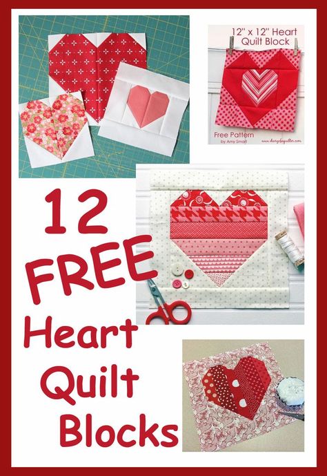 Twelve different heart quilt blocks to make Free Heart Patterns Printable, Heart Quilt Blocks, Heart Patterns Printable, Free Quilt Patterns Printables, Heart Quilt Block, Amy Smart, Heart Quilt Pattern, Heart Blocks, Patchwork Heart