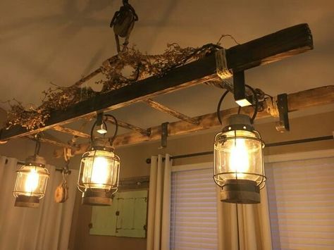 Antique ladder light fixture Old Ladder Light Fixture, Ladder Lights Hanging Kitchen, Ladder Lights Hanging, Ladder Lighting, Ladder Light Fixture, Cool Lighting Ideas, Antique Kitchen Ideas, Quirky Farmhouse, Antique Ladder Decor