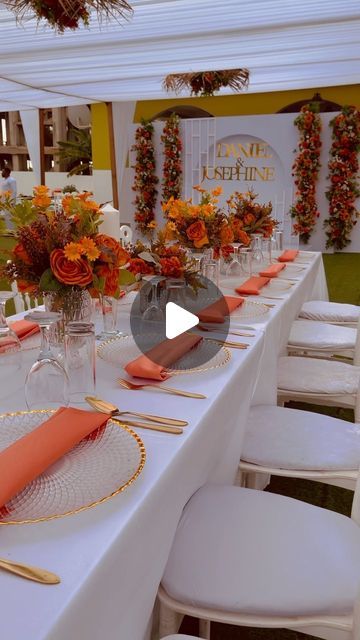 Orange And White Table Setting, Wedding Set Up Reception, Engagement Decor Ideas, African Wedding Reception, Engagement Decoration Ideas, Diy Wedding Reception Decorations, Kente Gown, Blue Red Wedding, Wedding Reception Decor Ideas