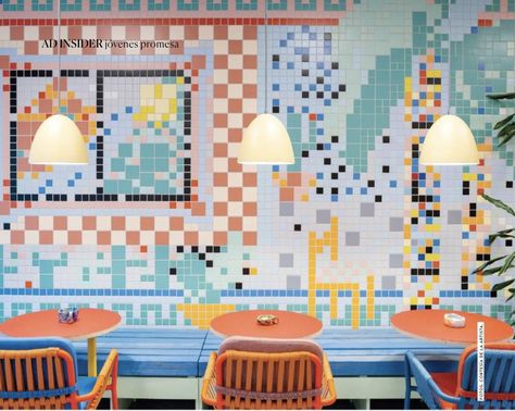 Colorful Decor Cafe Bench, Colorful Cafe, Commercial Interior Design, Restaurant Interior, Cafe Interior, Cafe Design, Commercial Interiors, Interior Inspo, Tile Patterns