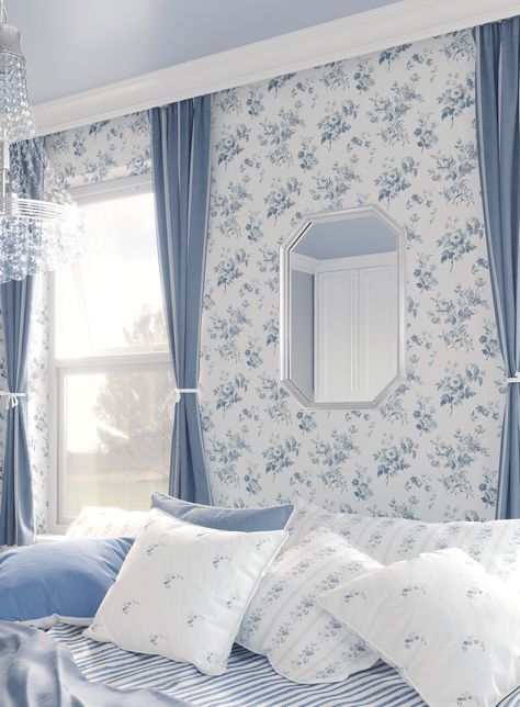 Beautiful Adelaine Loire Blue wallpaper, stunning in a pretty bedroom scheme teamed with billowing full length curtains in our co-ordinating linens. 10m roll. Easy paste the wall application. Roll width 70cm Printed in the UK to order- please allow 21 days for delivery. Matching linen available. Pattern Repeat: Vertical 35cm Horizontal 35cm Blue Wallpaper Room Ideas, Wallpapers For Walls Bedrooms, Wallpaper For Room Bedrooms, Blue And White Wallpaper Bedroom, Floral Wall Bedroom, Blue Wallpaper Bedroom Ideas, Blue Room Wallpaper, Cornflower Blue Bedroom, Farmhouse Bedroom Wallpaper