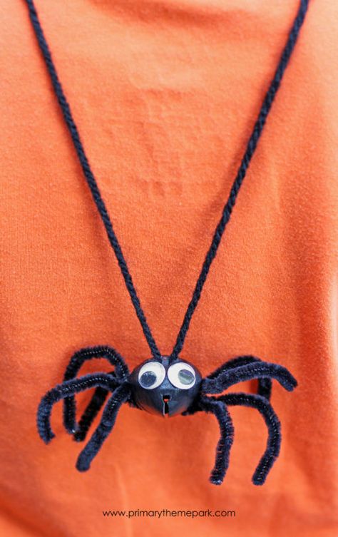 Spider Craft Idea - Primary Theme Park Christmas Spider Ornament Diy Kids, Spider Bell Necklace, Spider Hat Craft, Halloween Necklace Craft, Spiders For Kids, Prek Halloween, Preschool Animals, Quick Kids Crafts, How To Make Spiders