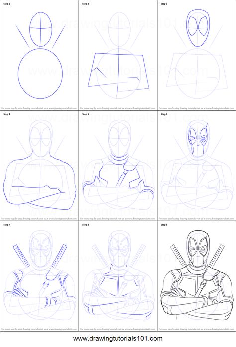 How to Draw Deadpool printable step by step drawing sheet : DrawingTutorials101.com Deadpool Pencil Drawing, How To Draw Loki Step By Step, Spiderman Step By Step Drawing, Marvel Drawings Easy Step By Step, Deadpool Drawing Reference, How To Draw Gwen Stacy Step By Step, How To Draw Deadpool Step By Step, How To Draw Superhero, How To Draw Piano