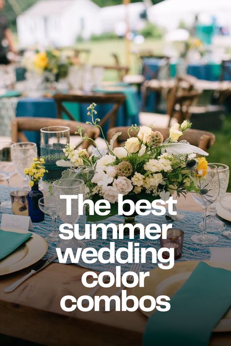 Summer wedding color palettes that are trending in 2023 Teal Summer Wedding Colors, Summer Evening Wedding Colors, Modern Summer Wedding Colors, Wedding Themes Ideas Summer, June Beach Wedding, Wedding Pallet Ideas Summer, Summer Green Wedding Colors, 2024 Wedding Colors Summer, August Beach Wedding Colors