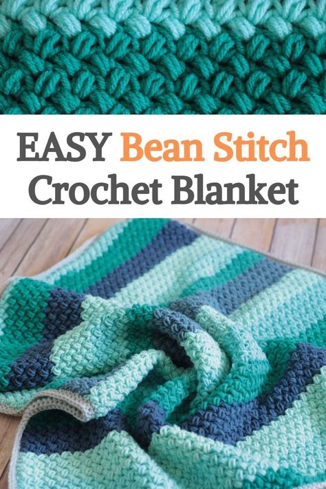 Easy Bean Stitch Crochet Blanket- Free Pattern. Simple and beautiful, the crochet bean stitch adds wonderful texture to any project. Bean Stitch Crochet Blanket designed by Crochet It Creations has a woven appearance, looks great is a great quick project for any crocheter. This warm crochet blanket is a great gift idea too! For a multicolored effect, you can change colors after a few rows. Click Here To See The Pattern! Quick And Easy Blanket Crochet Pattern, Blanket Yarn Crochet Blanket Pattern, 1 Stitch Crochet Blanket, Quick Crochet Blankets Free Patterns, One Color Crochet Blanket Patterns Simple, Diy Crochet Blanket For Beginners, Crochet Simple Blanket Free Pattern, Simple Crochet Blanket Stitches, Crochet Blanket Projects