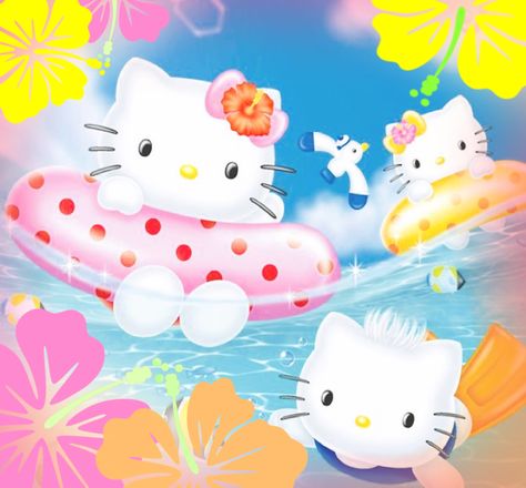 Hello kitty and friends swimming in the ocean. The border of this widget has hibiscus flowers. Hello Kitty Beach Widget, Summer Hello Kitty Pfp, Tropical Hello Kitty Widget, Hello Kitty Summer Widget, Key West Kitten Bedroom, Hawaii Hello Kitty Pfp, Tropical Core Widgets, Keywest Kitten Aesthetic, Coconut Widget