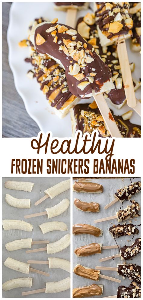 Healthy Frozen Snickers Bananas Healthy Frozen Snickers Ww, Frozen Banana Snickers Bites, Healthy Frozen Banana Snickers, Banana Snickers, Chocolate Covered Bananas Frozen Healthy, Frozen Banana Chocolate, Bananas Recipe, Chocolate Covered Bananas Frozen, Frozen Snacks