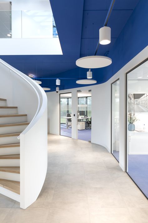 Blue Ceiling Office, Blue And White Architecture, Blue Office Interior Design, Sky Blue Interior Design, Office Design Blue, Office Staircase Design, Blue And White Office, Blue Office Design, Blue White Office