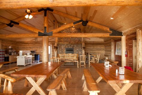 family style dining Summer Camp Mess Hall, Camp Mess Hall, Waving Iron, Camp Lodge, Conversation Seating, Lodge Kitchen, Mess Hall, Large Fireplace, Fireplace Seating