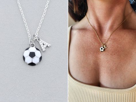 Soccer necklace with sparkly CZ pave crystal initial charm - customize for your favorite soccer player! Great sports mom necklace, too.  Lots of chain lengths offered - all come with a 2" extender. 100% Stainless Steel for No Tarnishing!  Sterling Silver and 14K Gold Filled chain upgrades offered in dropdown. See Photos for Options. More Sports Gifts - https://www.etsy.com/shop/DistinctlyIvy?ref=l2-shopheader-name&search_query=sports+gifts Handmade in our shop and packaged with care in a DistinctlyIvy gift box (see last photo). SHIPS in 1 Business Day! RETURN POLICY / SATISFACTION GUARANTEE Our #1 Priority at DistinctlyIvy is that you love your new jewelry. We stand by our products 100%. If you have a question, we will answer it. If you have a problem, we will solve it. Refund it. Send you Gifts For Soccer Players, Wife Outfits, Soccer Necklace, Soccer Girlfriend, Pink Quince, Sports Jewelry, Coach Jewelry, Jewelry Accessories Ideas, List Ideas