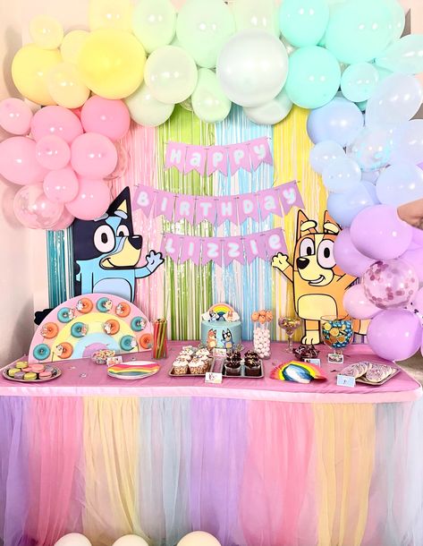 Bluey Birthday Party – Wonderful World of Susan 1st Bluey Birthday Party, Bluey Backdrop Birthday, Bluey Birthday Shirt Ideas, Pastel Bluey Party, Bluey Birthday Table Centerpieces, Bluey Birthday Balloons, Diy Bluey Decorations, Pink Bluey Birthday Party, Bluey Birthday Party Ideas Girl