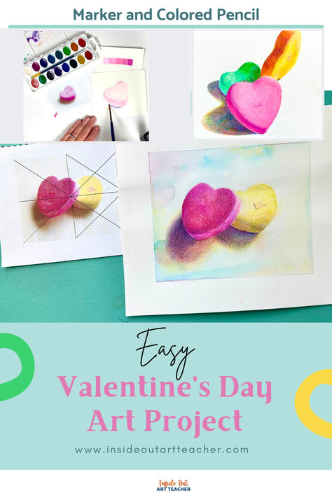 Crafted with middle and high school students in mind, this Valentine's Day art project tutorial seamlessly blends the dynamic charm of watercolor with the precision of colored pencils, allowing you to create visually stunning candy heart compositions. As an art teacher, I’ve witnessed the excitement this art project idea brings to my students, making it an ideal choice for a Valentine’s-themed artistic adventure. Valentine’s Day Art Middle School, Kindergarten Heart Art Projects, Valentine’s Day Art Lesson, Valentine’s Day Art Projects, Middle School Watercolor Projects, Art Projects For High School Ideas, Valentines Day Art Projects, Middle School Valentines, February Art Projects