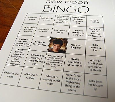 Twilight Themed Sleepover, New Moon Drinking Game Twilight, Twilight Game Ideas, Twilight Movie Marathon Ideas, Twilight Themed Party Games, Twilight Bingo, Twilight Marathon Party Ideas, Twilight Party Games, Twilight Themed Bachelorette Party