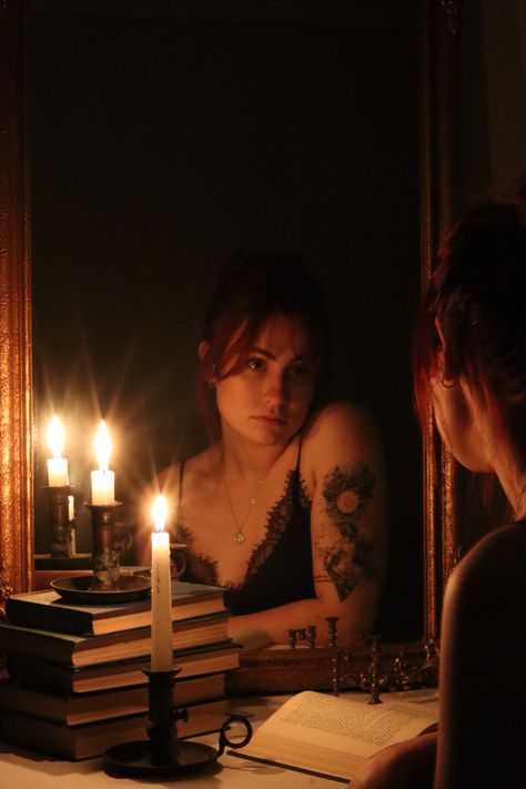 Photography Dark Academia Aesthetic, Dark Feminine Portrait Photography, Mirror Different Reflection, Candle In The Dark Photography, Candle Lighting Reference, Photography With Candles, Spooky Self Portrait Photography, Mirror Reflection Photography Ideas, Candle Lit Portrait