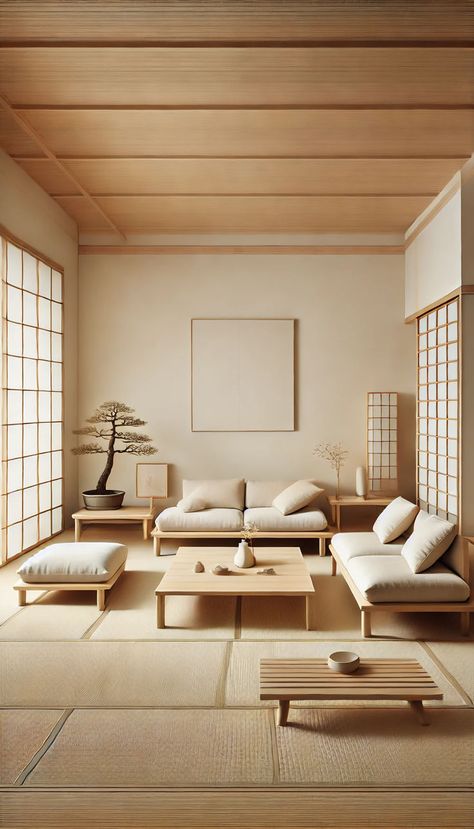 A minimalist Japanese-style living room featuring low wooden furniture, a tatami mat floor, and sliding shoji doors. The room is decorated with minimal elements, including a bonsai tree and a simple vase with a single flower. The color palette is neutral, with shades of white, beige, and natural wood, creating a calm and peaceful atmosphere. Tatami Aesthetic, Tatami Room Modern, Japanese Living Room Ideas, Japanese Minimalist Home, Japanese Tatami Room, Japanese Lounge, Tatami Living Room, Japanese Style Living Room, Single Flower Vase