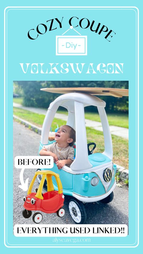 Vw Bus With Surfboard, Volkswagon Cozy Coupe, Surf Cozy Coupe, Cozy Coupe Lights, Painting A Cozy Coupe, Cozy Car Makeover Diy, Vw Bus Party Theme, Coupe Car Makeover Diy, Vw Birthday Party