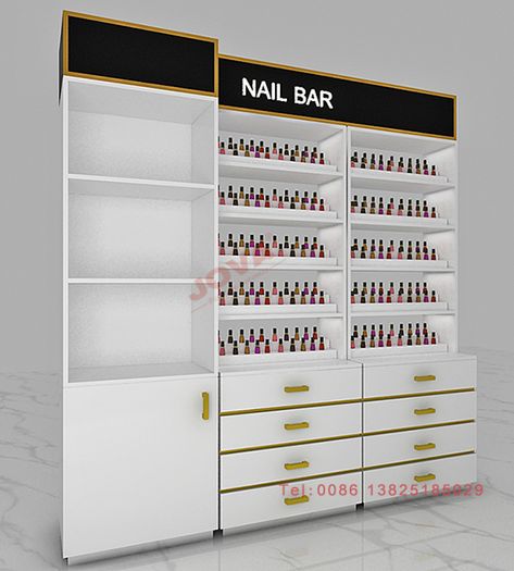 Nail Polish Display Ideas Salons, Nail Shelf, Nail Polish Rack Ideas, Nail Shelf Ideas, Nail Salon Storage Ideas, Nail Polish Wall, Nail Art Studio Interior Design, Nail Polish Display Ideas, She Shed Nail Salon