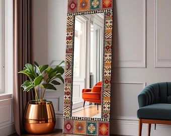 Handmade Japanese Inspired Flower Mirror Full Length - Etsy Fun Full Length Mirror, Modern Traditional Living Room Decor Ideas, Full Mirror Bedroom, Decorative Mirrors Wall Living Room, Big Mirror In Living Room, Hallway Mirror Ideas, Full Lenght Mirror, Full Length Mirror In Bedroom, Bedrooms Interior