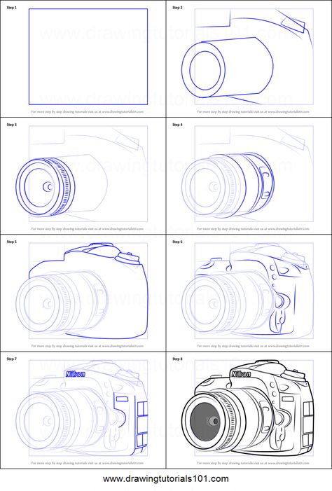 How to Draw Nikon DSLR Camera Printable Drawing Sheet by DrawingTutorials101.com Object Drawing Tutorials, How To Draw A Camera Step By Step, Camera Sketch Drawings, How To Draw Camera, How To Draw A Camera, How To Draw Objects, Camera Evolution, Camera Drawing Sketches, Camera Drawing Simple