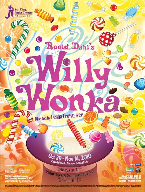 https://flic.kr/p/8GJptw | Roald Dahl's Willy Wonka poster | Poster design for San Diego Junior Theatre's 2010 production of "Roald Dahl's Willy Wonka,"  designed by Martin S. Lindsay for Thrive Mediarts, San Diego, California, 2010. Wonka Poster, Wonka Factory, Willy Wonka Factory, Chocolate Factory Party, Candy Poster, Theatre Poster, Sketches Tutorial, Factory Design, Poster Ideas