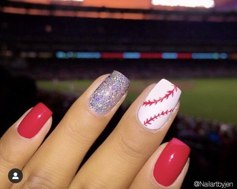 Sport Nail Designs, Phillies Nails Ideas, Phillies Baseball Nails, Baseball Mom Nails, Baseball Nail Ideas, Baseball Nails With Number, Phillies Nail Design, Baseball Nails Acrylic, Cincinnati Reds Nails