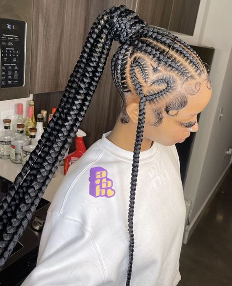 Stitch cornrow ponytail with a heart Cornrow Heart, Hairstyle Ideas For Black Women, Heart Braids, Black Kids Braids Hairstyles, Braids Ponytail, Feed In Braids Hairstyles, Quick Braided Hairstyles, Box Braids Hairstyles For Black Women, Cute Braided Hairstyles