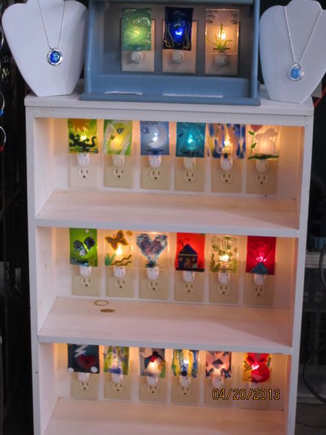 New nightlights on display Stained Glass Display Craft Fairs, Gift Shop Displays, Craft Fair Booth Display, Night Lite, Craft Market Display, Glass Lights, Gallery Display, Craft Fairs Booth, Booth Displays