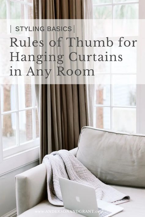 A complete guide about hanging curtains - how to measure, what length and width curtains to buy, where to hang your rod, and troubleshooting for problem windows. Correct Way To Hang Curtains, Framed Windows With Curtains, Drapery Hanging Guide, Curtain To The Ceiling, How To Arrange Curtains, Curtains To Make Room Look Taller, How To Measure Curtain Rods, How To Measure For Curtain Rods, Farmhouse Family Room Curtains