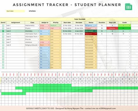 Excel School Planner, College Assignment Tracker Excel, Assignment Organization, College Spreadsheet, School To Do List Printable, Assignment Tracker, Homework Tracker, Assignment Sheet, Homework Organization