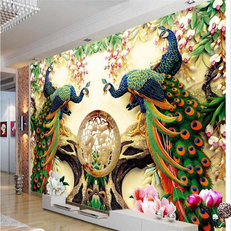 Peacock Living Room, China Wallpaper, Large Wall Paintings, Wallpaper Walls Bedroom, Peacock Wallpaper, 3d Wall Painting, 3d Wallpaper For Walls, Modern Mural, Cheap Wallpaper