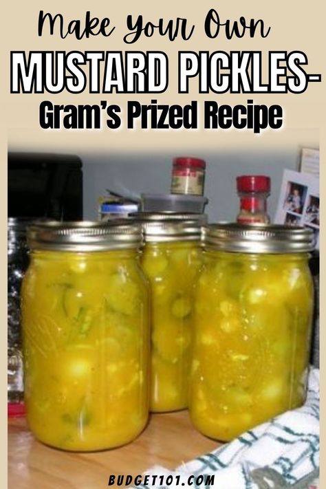 jars of homemade mustard pickles aka end of the garden pickles Homemade Mustard Pickles Recipe, Yum Yum Pickles Recipe, Easy Mustard Pickles Recipe, Million Dollar Pickles Recipe, Lady Ashburn Pickles Recipe, Million Dollar Pickles, Honey Mustard Pickles Recipe, Mustard Pickles Recipe Canning, Sour Mustard Pickles Recipe