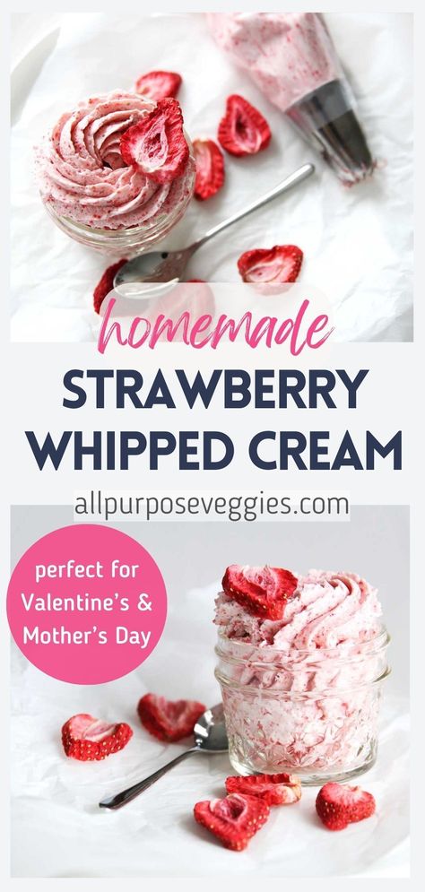 This Simple Strawberry Whipped Cream only requires 3 ingredients and blends the vibrant flavor of freeze-dried strawberries with luscious heavy cream. The result? A stunning pink-hued whipped cream that not only adds a burst of fruity freshness to your desserts but is also an instant crowd-pleaser. Easy to make and versatile, this Pink Strawberry Whipped Cream is the perfect companion for cakes, pies, and more. #whippedcream #strawberries #chantillycream #frosting Stabilized Strawberry Whipped Cream Frosting, Chantilly Cream Recipe, Strawberry Whipped Cream Frosting, 21 Cake, Strawberry Roll Cake, Strawberry Mochi, Strawberry Whipped Cream, Baked Veggies, Chantilly Cream