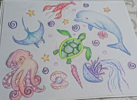 Ocean Creatures Drawings, Marine Doodles, Ocean Drawings, Seahorse Drawing, Whimsical Art Journal, Creative Drawing Prompts, Chalk Drawings, Art Hobbies, Sea Art