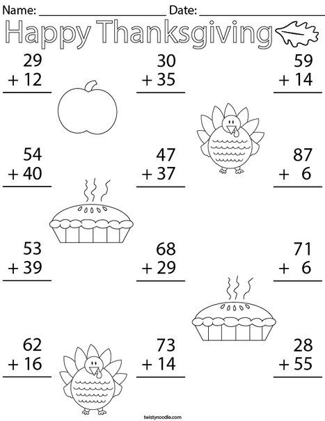 Thanksgiving Double Digit Addition Math Worksheet - Twisty Noodle Double Addition Worksheet, Thanksgiving Worksheets 2nd Grade, Thanksgiving Math Worksheets Free, Addition Subtraction Worksheet, Addition Math Facts, Thanksgiving Addition, Counting Money Worksheets, Thanksgiving Math Worksheets, Holiday Math Worksheets