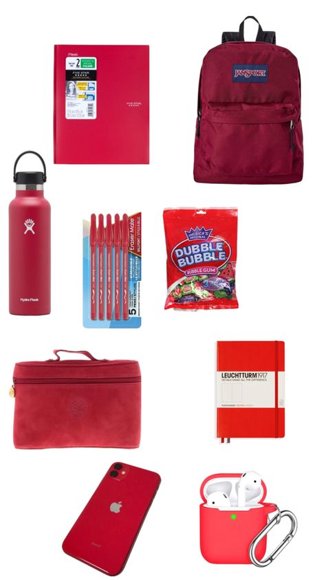 #red #backtoschool #redbackpack #backpackessentials Red School Supplies, Red School Bag, Collage School, Water Slime, School Bag Essentials, Backpack Essentials, Dubble Bubble, Year 8, Red Backpack