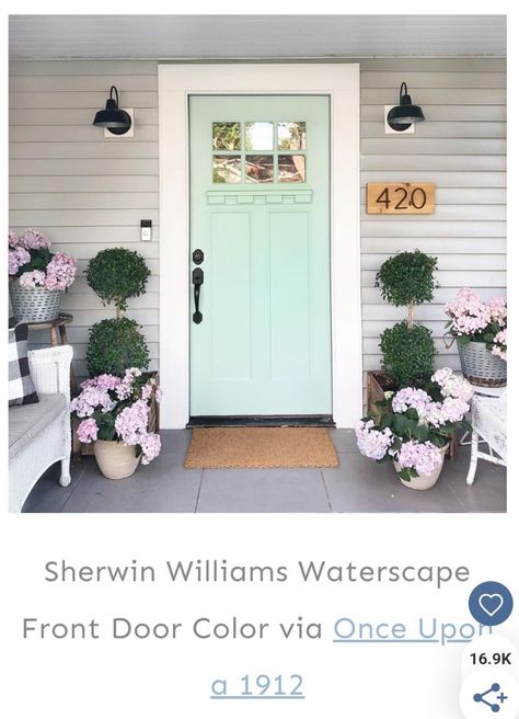 Pastel Front Door Colors, Mint Green Front Door, Mint Front Door, Green Front Door, Gray House Exterior, Siesta Beach, Green Front Doors, Grey Exterior, Front Door Colors