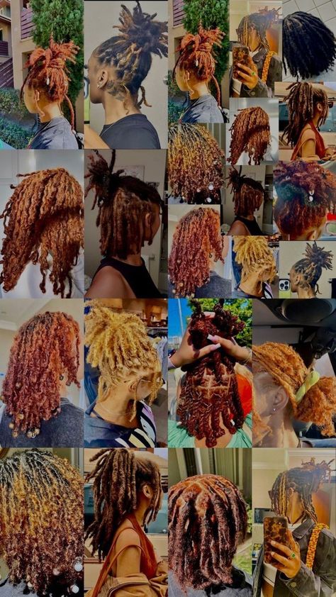 Colored Locs With Curly Ends, Cute Hairstyles For Short Starter Locs, Natural Dyed Locs, Locs Type 4 Hair, Loc Styles Back To School, Fall Colors For Locs, Sides For Baked Fish Dinners, Starter Locs Short 4c Hair Styles, Dreadlock Styles With Beads