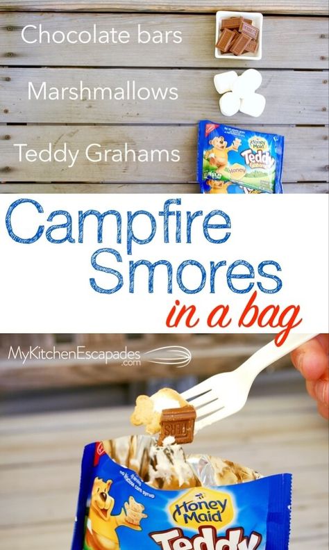 Campfire Smores in a Bag - Walking Bag Food, S'mores In A Bag Camping, Camping No Fridge, Teddy Grahams Ideas, S’mores Hack, Camp Fire Treats, Campfire Hot Dogs, Campfire Treats For Kids, Smores Without A Campfire