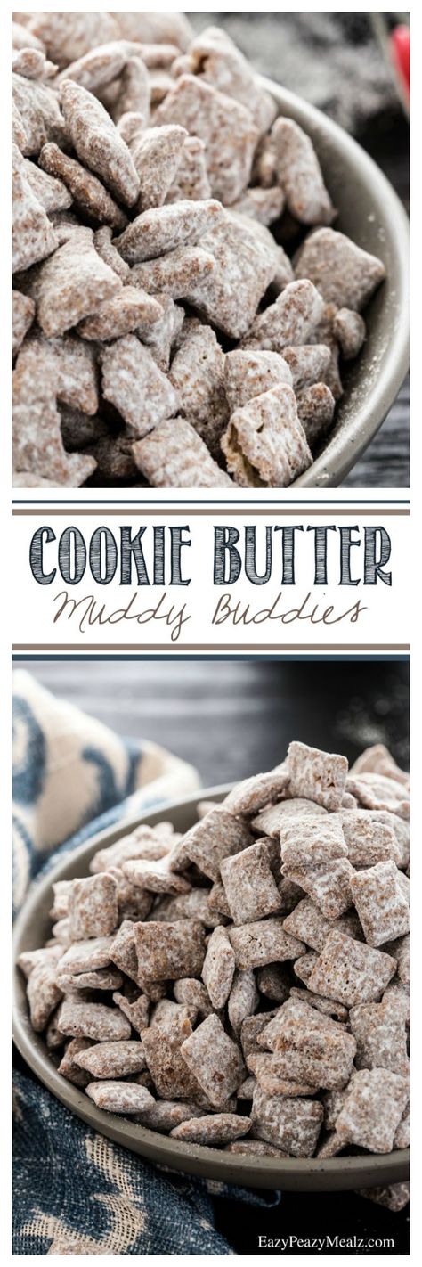 Cookie Butter Muddy Buddies! Seriously the best muddy buddies EVER! - Eazy Peazy Mealz Puppy Chow Without Peanut Butter, Puppy Chow Recipe, Chow Recipe, Puppy Chow Recipes, Chex Mix Recipes, Muddy Buddies, Cookie Butter, Butter Cookies Recipe, Puppy Chow