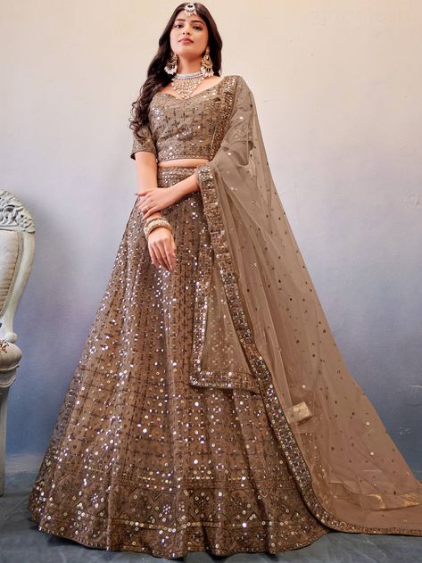 Sassy Light-Brown Sequines Embroidery Net Cocktail Party Lehenga Choli Light Brown Lehenga, Brown Lehenga, Party Lehenga, Rate List, Traditional Glam, Heavy Lehenga, Mirror Work Lehenga, Butterfly Net, Salwar Dress