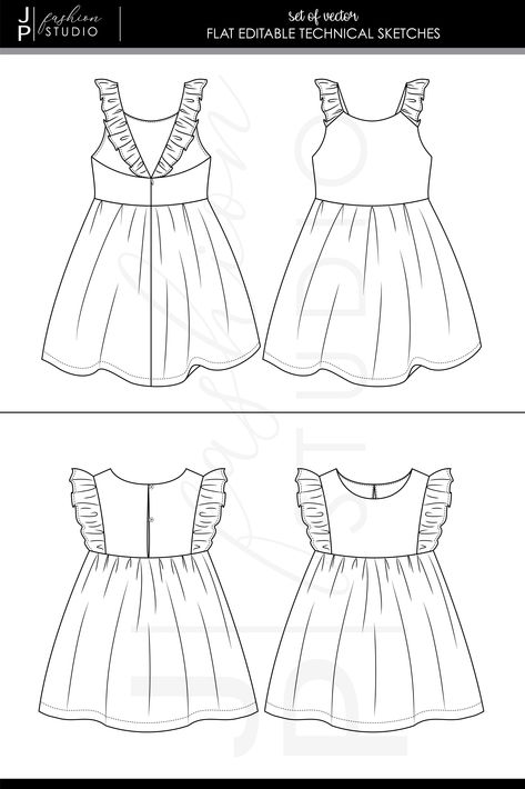 Set of Baby Girls Dresses (2 styles) Vector Fashion Flat Sketches / Kids Fashion Technical Illustration Template. These vector images are perfect for creating fashion collections and technical packages (Tech Packs). They are editable, ready to use and are available in .AI .EPS .JPG .PDF formats. Shop my entire collection of vector fashion flat garment drawings and patterns instant downloads. Kids Fashion Illustration Sketches, Kids Prints Design, Children Fashion Sketch, Fashion Design For Kids, Kids Frocks Design, Dress Illustration, Kids Garments, Girl Dress Pattern, Baby Clothes Girl Dresses