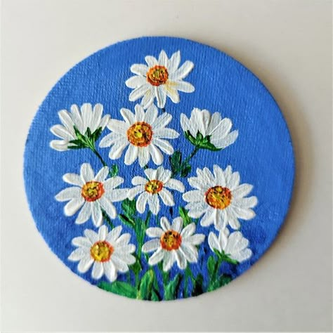 Handpainted Daisies Acrylic Painting Decor | Fridge Magnets - Inspire Uplift Wood Art Painted, Ideas Para Cuadros, Cherry Blossom Wall Art, Circle Canvas, Drawing Painting Ideas, Poetry Ideas, Wood Slice Art, Circle Painting, Flower Canvas Wall Art